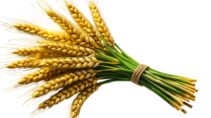 Golden Wheat Stalks Tied Together With Green Stems isolated on a transparent background
