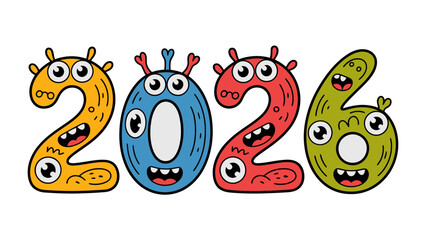 New Year's Whimsical: A colorful and playful illustration features the numerals 2026 each adorned with a cute, monster-like design, radiating a cheerful and imaginative aesthetic.