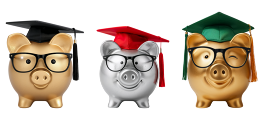 piggy bank with bachelor's hat and glasses isolated on transparent background