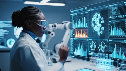 Scientist interacts with data visualization on computer screens in laboratory - Powered by Adobe