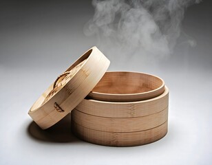 Steaming bamboo steamer with the lid ajar, releasing wisps of vapor against a neutral background.