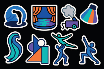 Collection of vibrant theatrical icons illustrating performance, stage design, and artistic expression