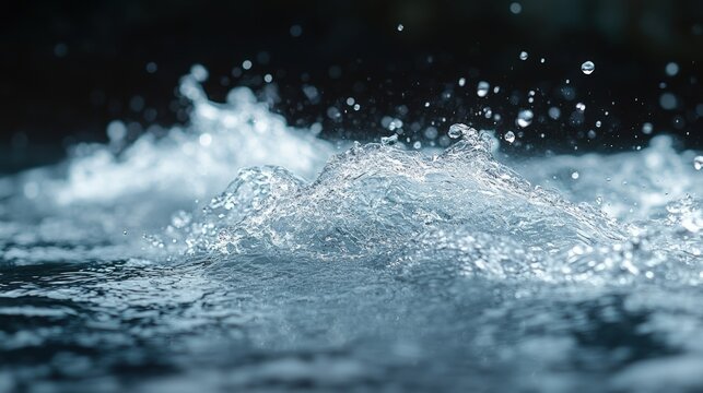 Close-up shot of water droplets suspended in air, creating a dynamic and visually captivating scene. Represents purity, freshness, flow, and natural elements.