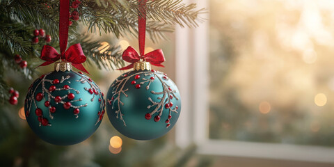 Christmas baubles with berries and bows. Holiday decor and seasonal celebration.