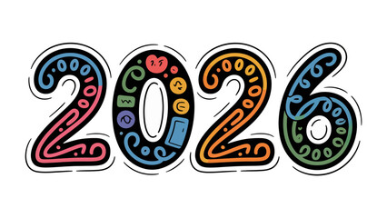 Year 2026 Typography Design: An eye-catching, handcrafted design presents the year 2026. The unique artistry fuses numbers with decorative elements. A celebration of a new year.