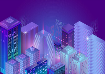 Isometric Smart City with Modern Building and Neon Lights