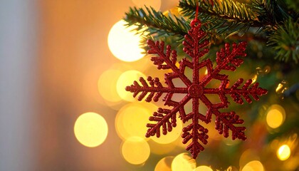 Vibrant & Merry Christmas Background: Close-up of Decorated Spruce Branch, Glowing with Golden Light and Soft Focus, Traditional Decor.
