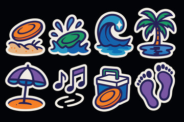 Obraz premium Beach fun and relaxation stickers: frisbee, ocean waves, and tropical vibes for summer decoration
