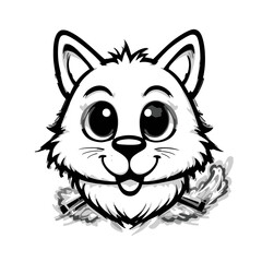 Obraz premium Black and white cartoon drawing of a cute fluffy cat mascot head with big eyes isolated on white background