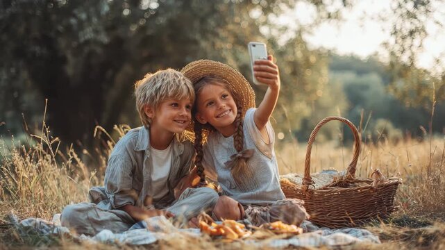 Kids enjoying a picnic at sunset while taking a selfie in a sunny field with a basket and snacks nearby