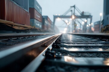 Wet railway tracks in a container terminal, showing freight transport infrastructure, cargo handling environment and industrial logistics operations