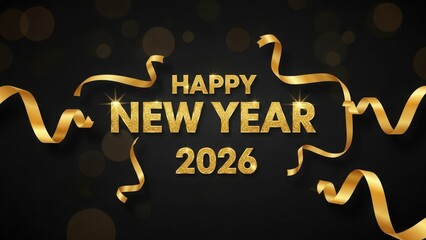 A festive happy new year 2026 graphic with golden text and ribbons against a dark background with bokeh lights, creating a celebratory atmosphere