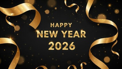 A festive happy new year 2026 celebration with golden ribbons and bokeh lights on a dark background creating a celebratory atmosphere