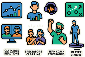 Vibrant sports icon set featuring coaches, spectators, and strategic elements for creative design