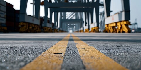 Port roadway with yellow markings and large cranes, capturing container terminal operations, maritime logistics infrastructure and cargo transport environment