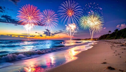 Colorful fireworks explode over a sandy beach at sunset, casting vibrant light onto the ocean waves