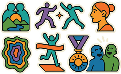 Vibrant vector stickers illustrating adventure, friendship, meditation, and achievement for design