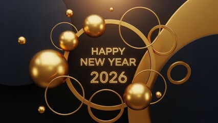 A festive 3d rendering of a happy new year 2026 design with golden spheres and rings against a dark backdrop, conveying celebration and elegance