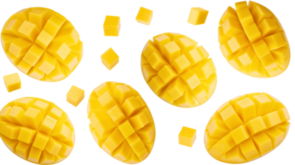 Ripe Mango Cubes Ready to Eat isolated on a transparent background fruit tropical
