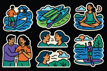 Outdoor harmony and paddleboarding adventure icons for relaxation and connection
