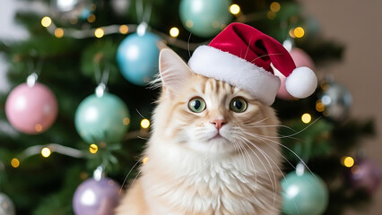Adorable kitten wearing a Santa hat celebrates the festive season with joy, perfect for holiday greetings and heartwarming commercial campaigns