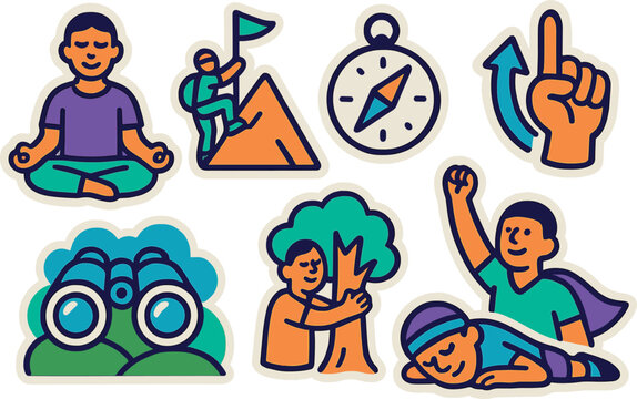 Vibrant life balance icons: meditation, achievement, and nature connection for inspirational design