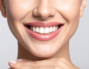 Obraz premium Close-up of a smiling woman's mouth with pink lips and perfect white teeth, hand touching chin, on soft background