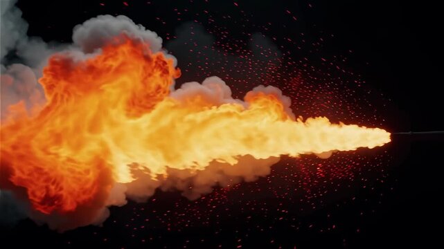 A dramatic horizontal stream of fiery orange and red flames with smoke against a dark background, with sparks.