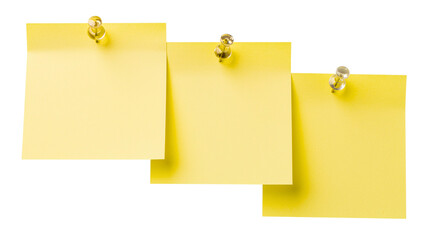 Three blank yellow sticky notes with different methods of attachment isolated on black background