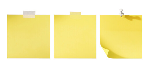 Three blank yellow sticky notes with different methods of attachment isolated on black background