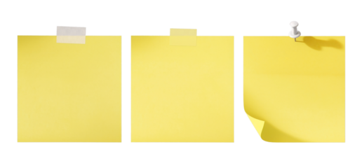 Three blank yellow sticky notes with different methods of attachment isolated on black background