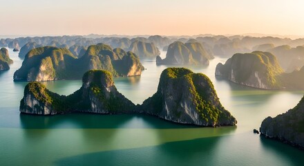 Naklejka premium Halong Bay, Vietnam Karst Islands and Junks in Scenic Landscape