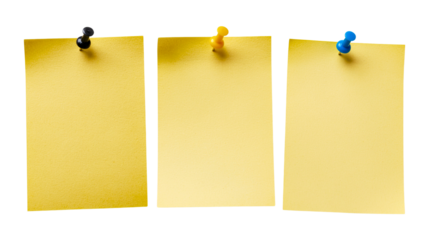 Three blank yellow sticky notes with different methods of attachment isolated on black background