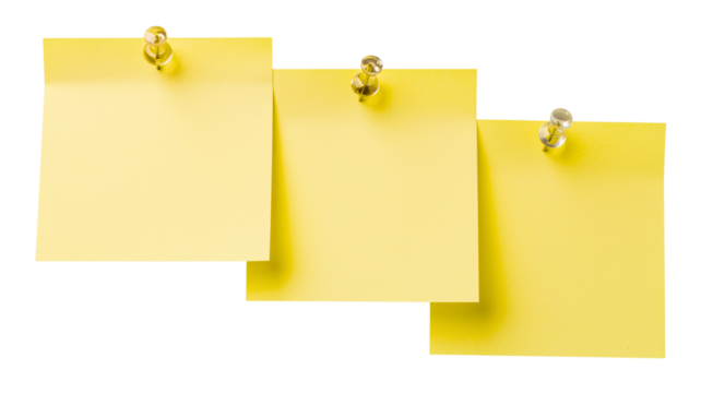 Three blank yellow sticky notes with different methods of attachment isolated on black background