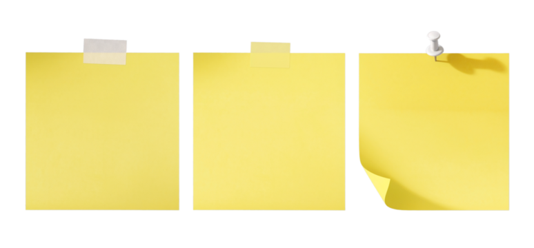 Three blank yellow sticky notes with different methods of attachment isolated on black background