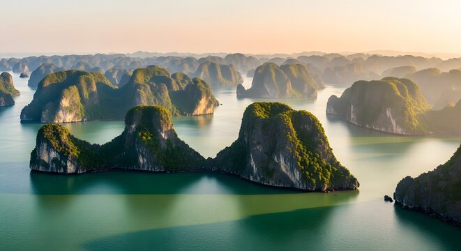 Halong Bay, Vietnam Karst Islands and Junks in Scenic Landscape