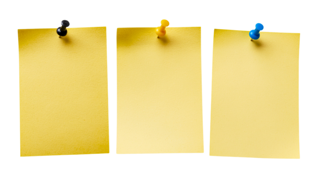 Three blank yellow sticky notes with different methods of attachment isolated on black background