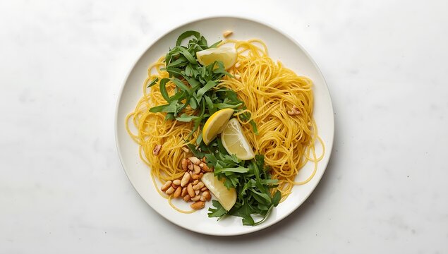 Delicious lemon pasta recipe with arugula and pine nuts on white plate overhead shot view