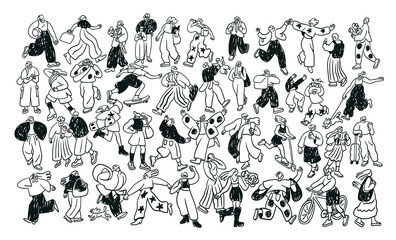 Fototapeta na wymiar People crowd outdoors in doodle style. Many different characters group walking, running on urban street, charcoal sketch scribble drawing. Hand-drawn vector illustration isolated on white background
