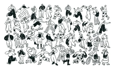 Fototapeten Pony People crowd outdoors in doodle style. Many different characters group walking, running on urban street, charcoal sketch scribble drawing. Hand-drawn vector illustration isolated on white background  © Good Studio