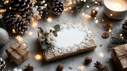 Festive gift box with pinecones and fairy lights on a rustic surface.