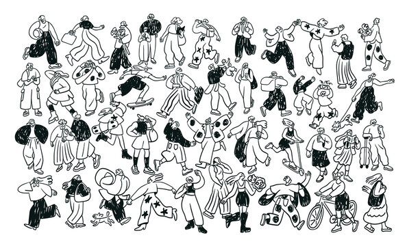 People crowd outdoors in doodle style. Many different characters group walking, running on urban street, charcoal sketch scribble drawing. Hand-drawn vector illustration isolated on white background