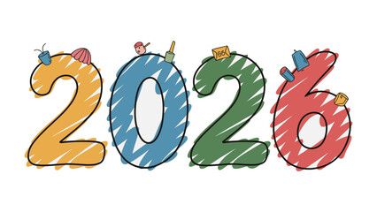 2026 Celebration: A vibrant and playful illustration spells out the year 2026, decorated with whimsical icons, creating a sense of anticipation and excitement.