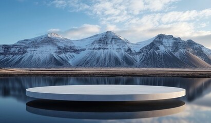 A minimalist white round podium with smooth edges stands on calm water reflecting snow-capped mountains in Iceland, serene landscape with soft lighting and tranquil atmosphere