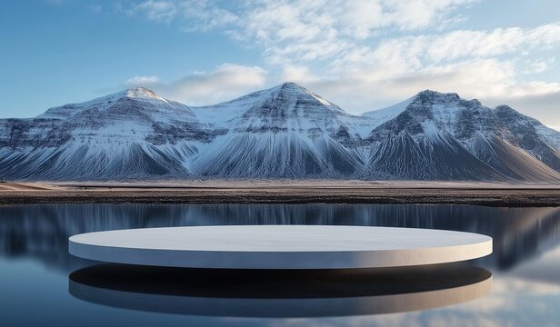 A minimalist white round podium with smooth edges stands on calm water reflecting snow-capped mountains in Iceland, serene landscape with soft lighting and tranquil atmosphere - Powered by Adobe