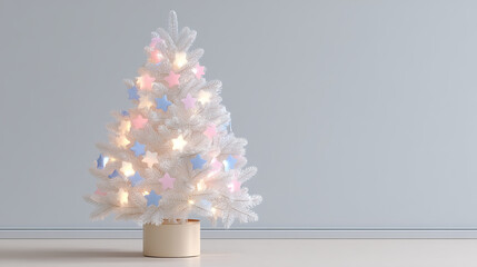White tabletop Christmas tree with blue and pink star ornaments and warm lights creating cozy patriotic inspired holiday mood