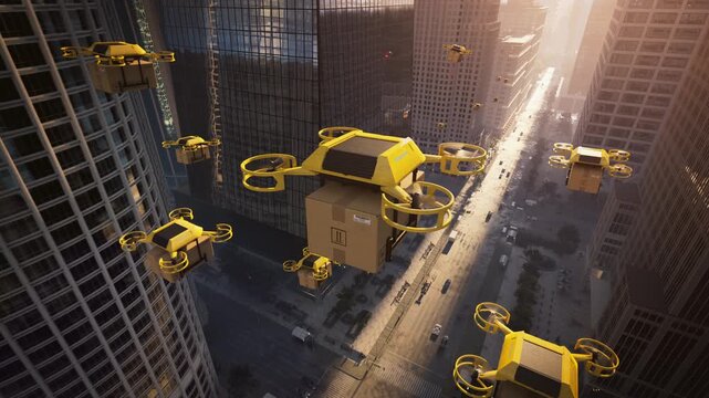 Yellow Cargo Drones Glide Through a Modern City Skyline, Autonomously Routing Ecommerce Packages Above Traffic, Showcasing Next Generation Urban Air Delivery, Smart Logistics Coordination