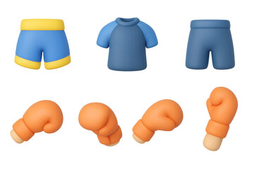 Cartoon martial arts icons featuring boxing gloves and sportswear for design and print
