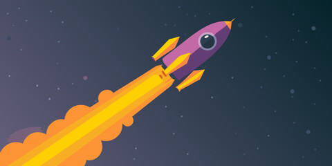 Cartoon rocket ship launching into space with fire trail illustration