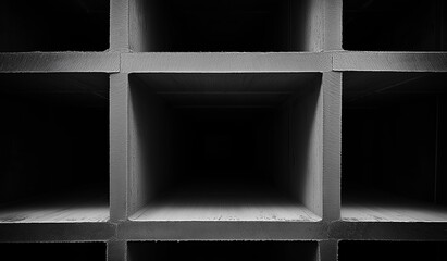 Black and white cinder block grid with symmetrical composition on dark background, intricate pattern with visible textures creating depth